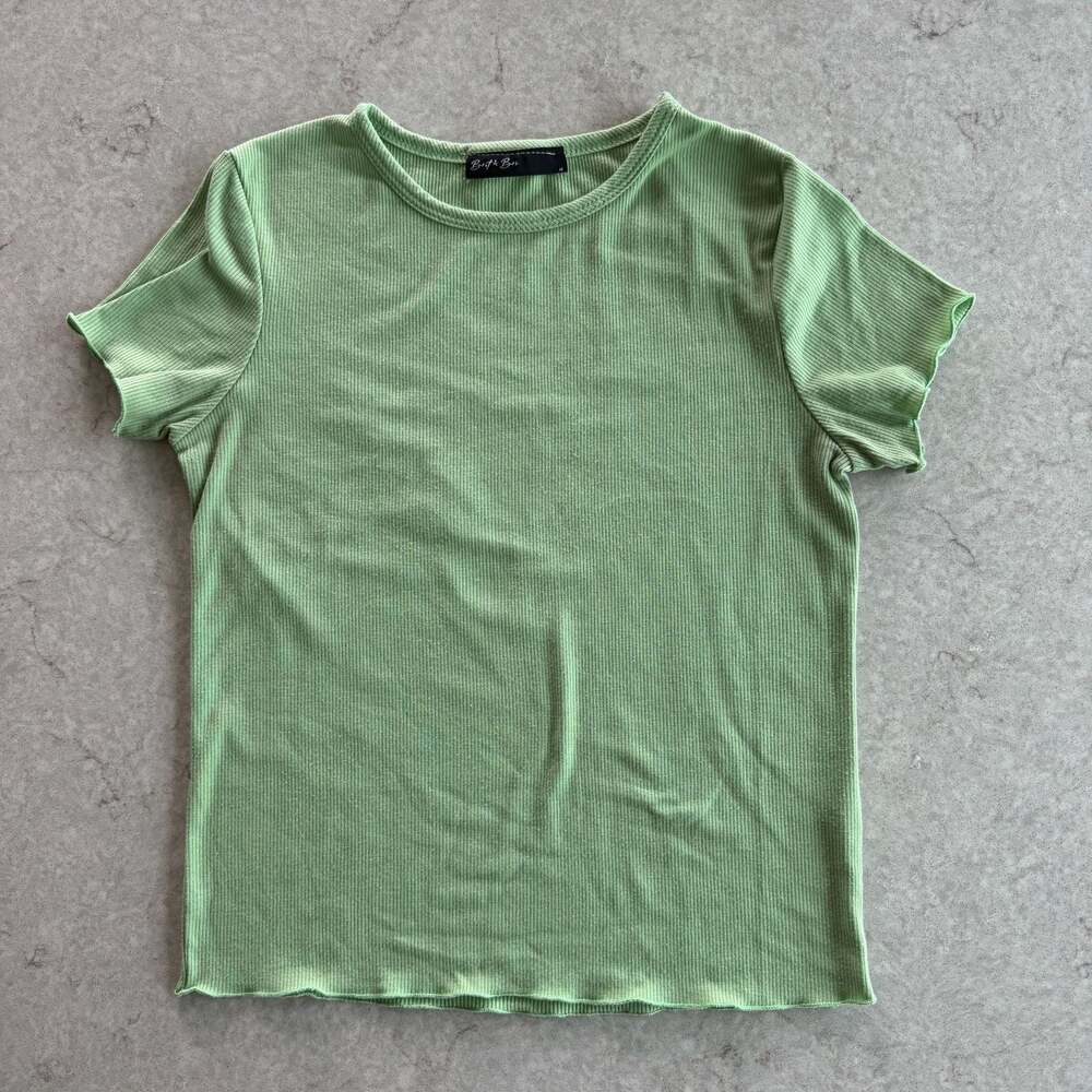 Brit & Bri Ribbed Knit Lettuce Edge Short Sleeve Crewneck Top Green